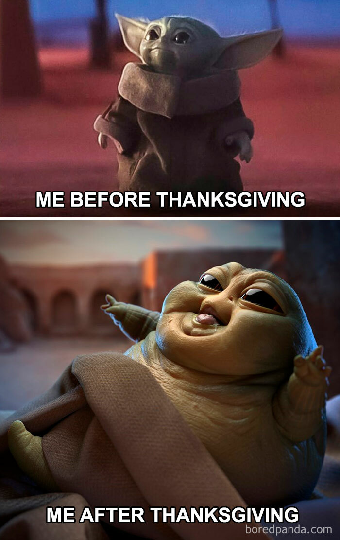 Cute baby alien meme showing before and after Thanksgiving humor.