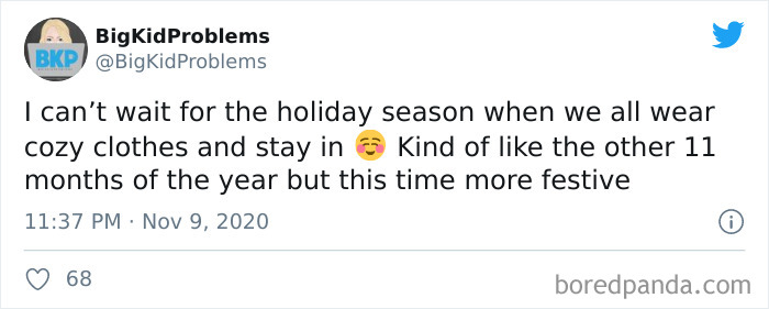 Tweet about staying in cozy clothes during the holiday season, humorously comparing it to the rest of the year.