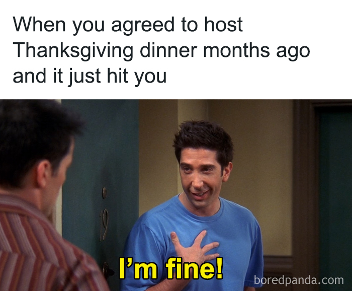 Man in a blue shirt with a stressed expression saying "I'm fine" about hosting Thanksgiving dinner, highlighting relatable memes.