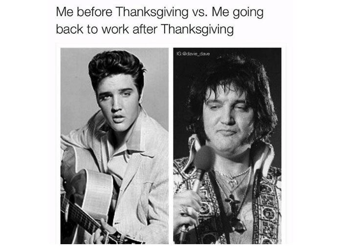 Before and after Thanksgiving meme, featuring a contrast between a well-groomed and disheveled person.