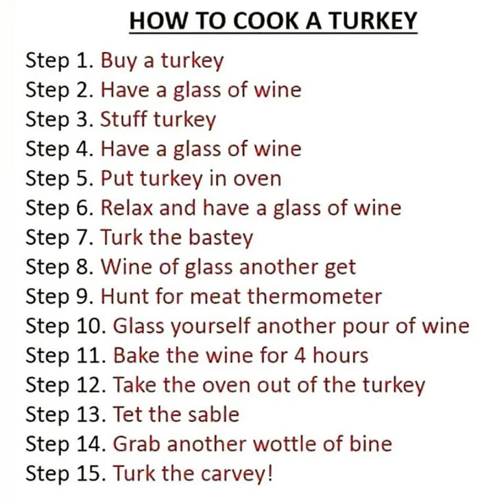Funny turkey cooking steps meme, highlighting humor in social distancing during Thanksgiving.