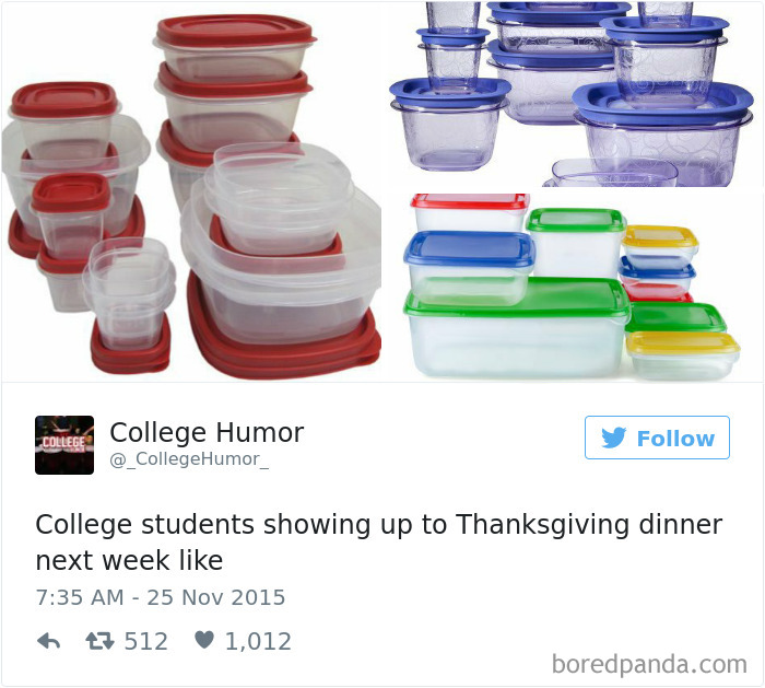 Plastic food containers with captions about social distancing and Thanksgiving humor.