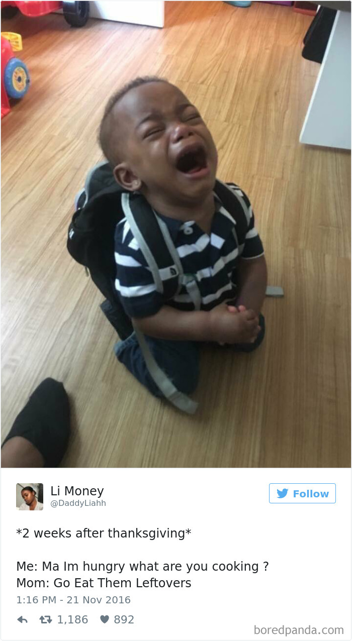 Crying child wearing a backpack, frustrated about Thanksgiving leftovers.