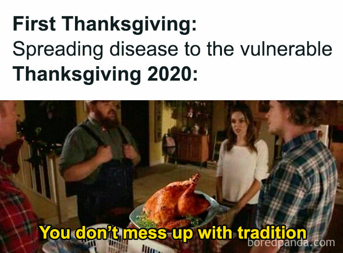 Thanksgiving social distancing meme with text about tradition and a humorous turkey scene.
