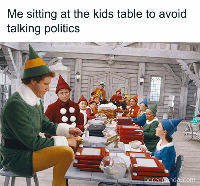 Adults sitting at kids' table, avoiding politics discussion while social distancing over Thanksgiving.