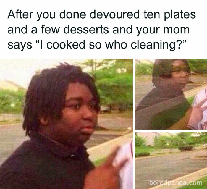 Person looking stressed about cleaning after a big Thanksgiving meal, portraying a relatable meme moment.
