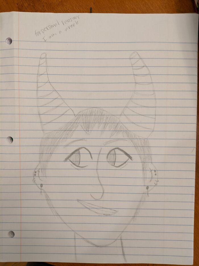 Still Learning, But I'm Pretty Happy With It. It's Literally Just Me With Horns And Extra Piercings.. (Top Says: "For Personal Reasons I Am A Wreck")
