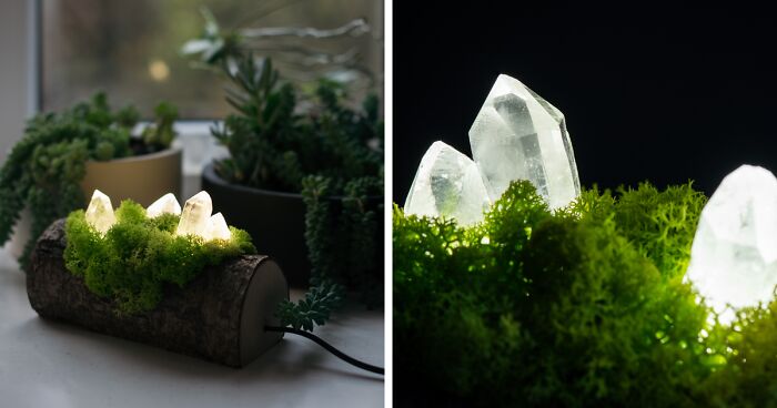 We Craft Unique Night Lamps From Glowing Crystals On Mossy Logs (23 Pics)