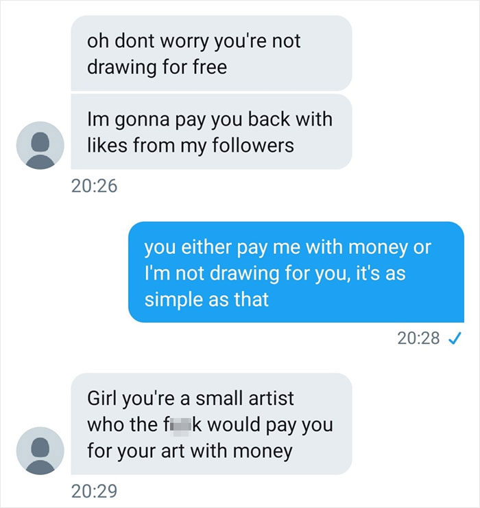 Artist Shames This Client Who Wanted To Pay Her With Likes Instead Of Money Artist Shames This Client Who Wanted To Pay Her With Likes Instead Of Money