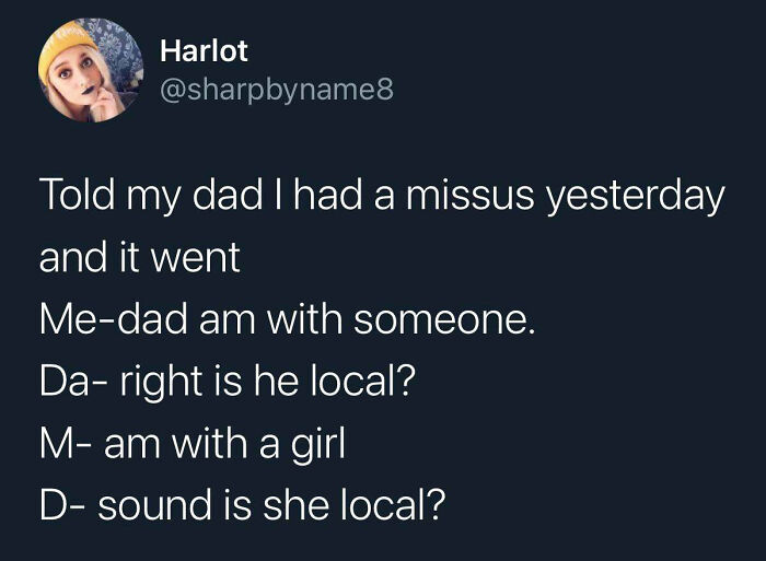 Scottish humor tweet about coming out to dad, features funny dialogue exchange.