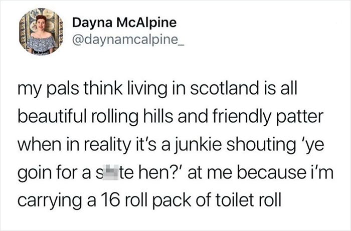 Tweet about Scottish humor involving rolling hills and an encounter with a local while carrying toilet paper.