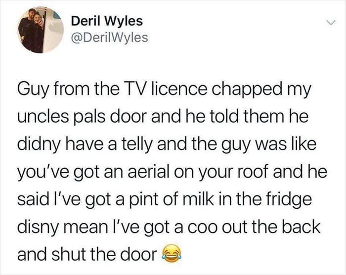 Scottish person's humorous tweet about a TV license visit and a witty response about milk and cows.