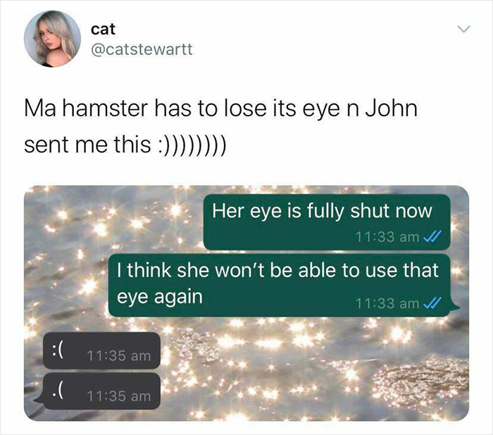 Scottish humor shines in a tweet about a hamster's eye and a humorous response from John.