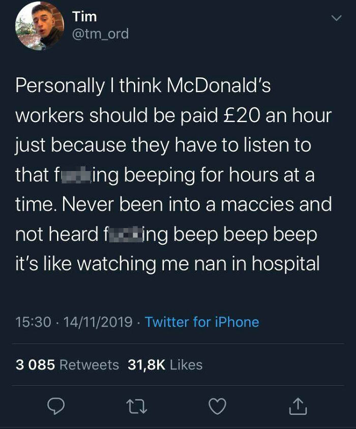 Screenshot of a tweet humorously comparing McDonald's beeping to hospital sounds, highlighting Scottish humor.