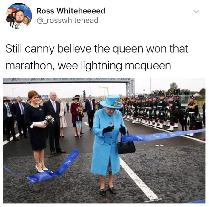 Scottish person humor tweet with a photo of a royal in a blue coat at a marathon finish line.