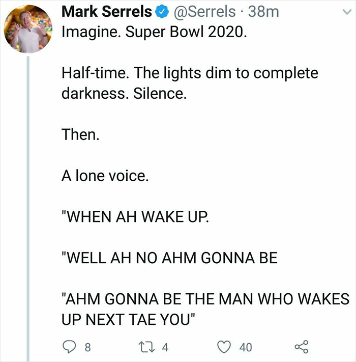 Tweet exemplifying Scottish humor about a Super Bowl halftime with lyrics from "I'm Gonna Be (500 Miles)."