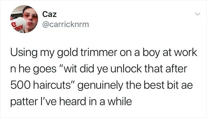 Tweet showcasing Scottish humor about a gold trimmer and haircuts at work.