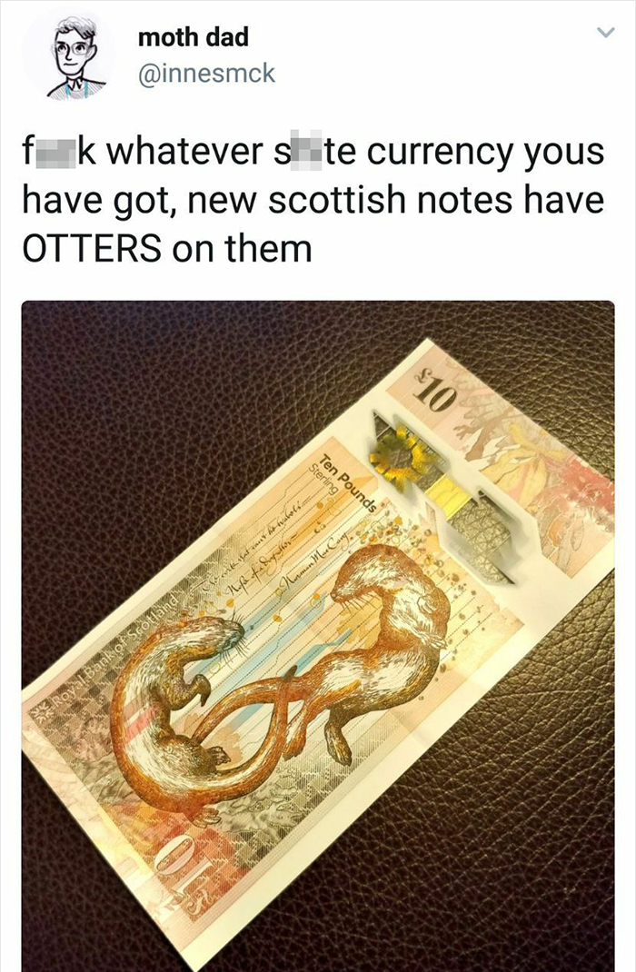 Scottish currency note featuring otters, highlighting Scottish humor.