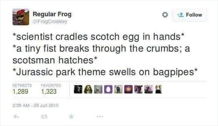Scottish humor tweet about a scotch egg hatching a Scotsman, with Jurassic Park theme on bagpipes.