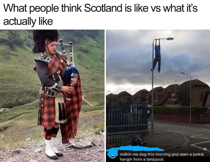 Scottish humor: A man in traditional attire playing bagpipes vs someone hanging from a lamppost in an urban setting.