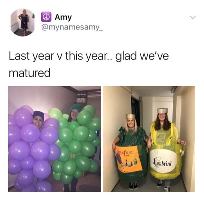 Scottish humor tweet comparing two costume choices: last year's grapes versus this year's wine bottles.