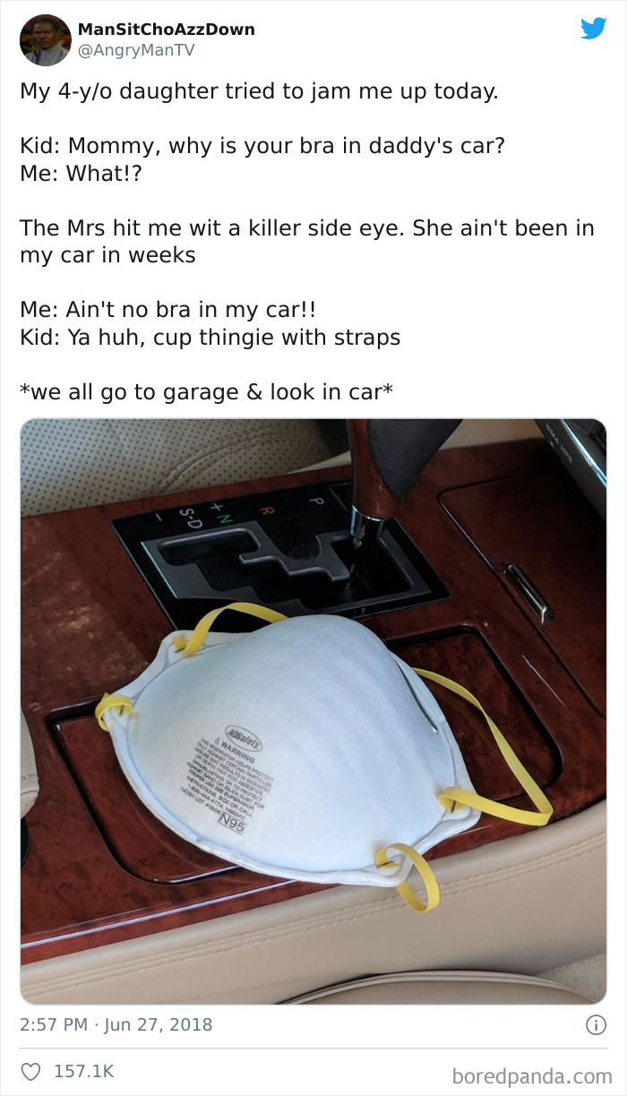 Child mistakes an N95 mask for a bra inside a car, showing kids are not born smart in a funny moment.