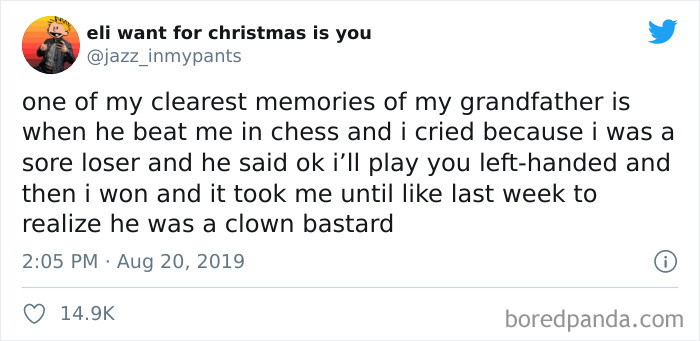 Tweet showing a humorous memory about losing at chess, illustrating kids not born smart in funny situations.