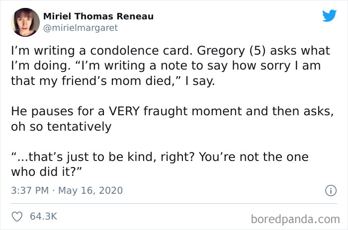 Tweet showing a funny kid moment about writing a condolence card, illustrating kids are not born smart with humor.