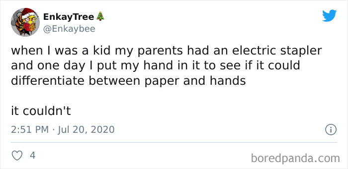 Tweet about a child testing an electric stapler by putting their hand in it, showing kids are not born smart humor.
