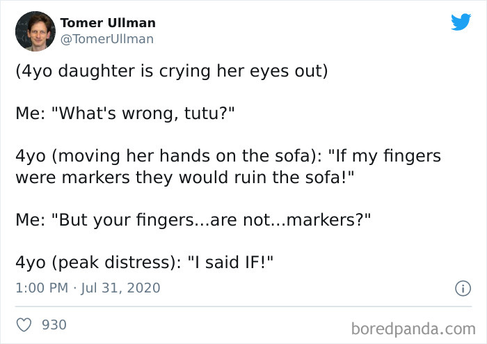 Tweet showing a funny conversation with a 4-year-old illustrating that kids are not born smart, humor about imagination.