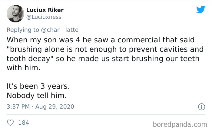 Tweet about a child insisting the family brush teeth together, illustrating kids are not born smart humor.