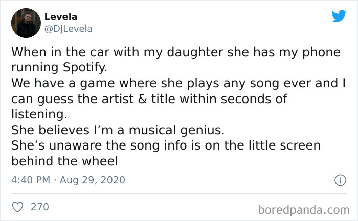 Tweet about a dad playing a music guessing game with his daughter, highlighting kids not born smart moments.