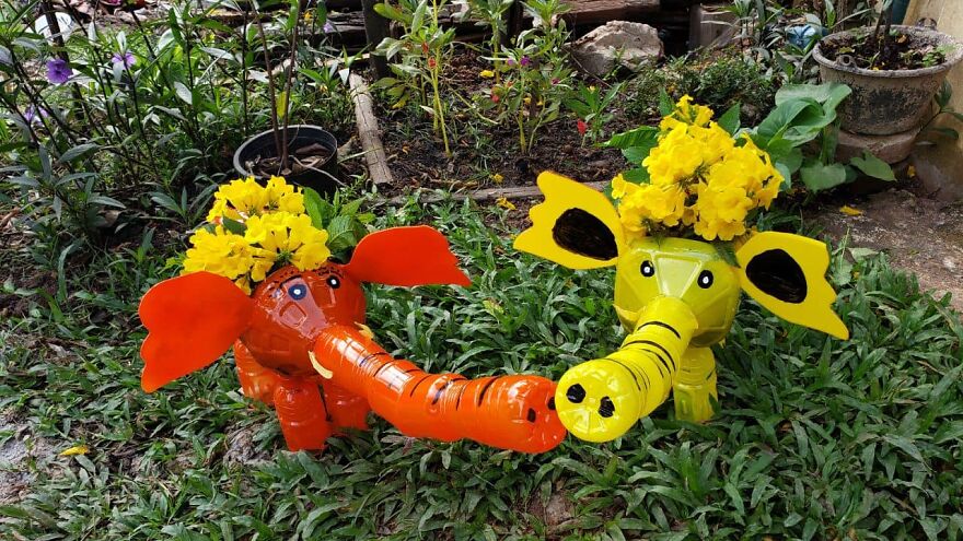 I Recycle Plastic Bottles Into Elephant Planter Pots