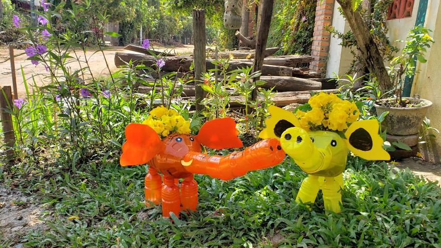 I Recycle Plastic Bottles Into Elephant Planter Pots