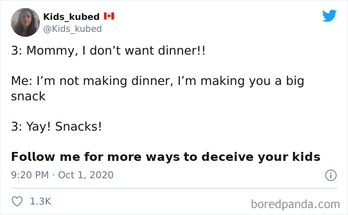 Tweet showing a humorous conversation highlighting kids are not born smart with playful snack versus dinner debate.