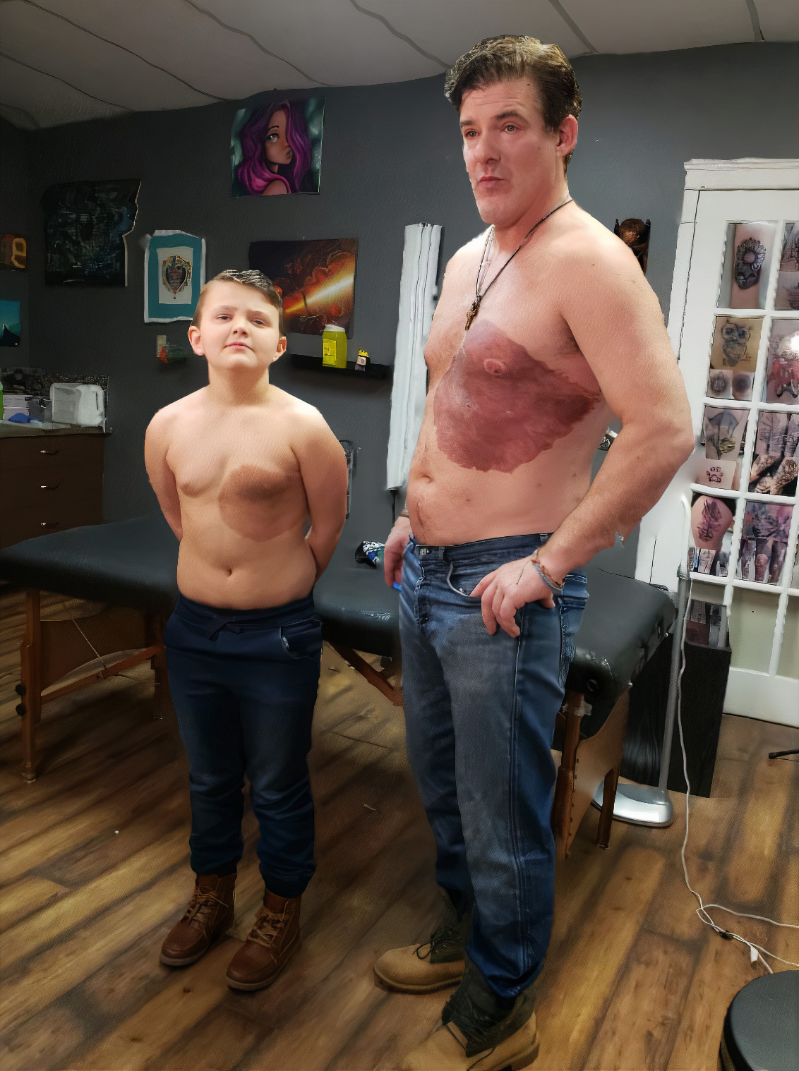 Dad with tattoo matching his child's birthmark, both smiling shirtless in a tattoo studio. Dad with tattoo matching his child's birthmark, both smiling shirtless in a tattoo studio.