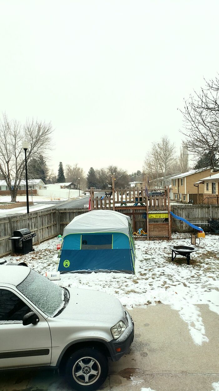 Light Snow In The Salt Lake Valley. Mountains Covered By Clouds, Kids Insisted On "Snow Camping!"