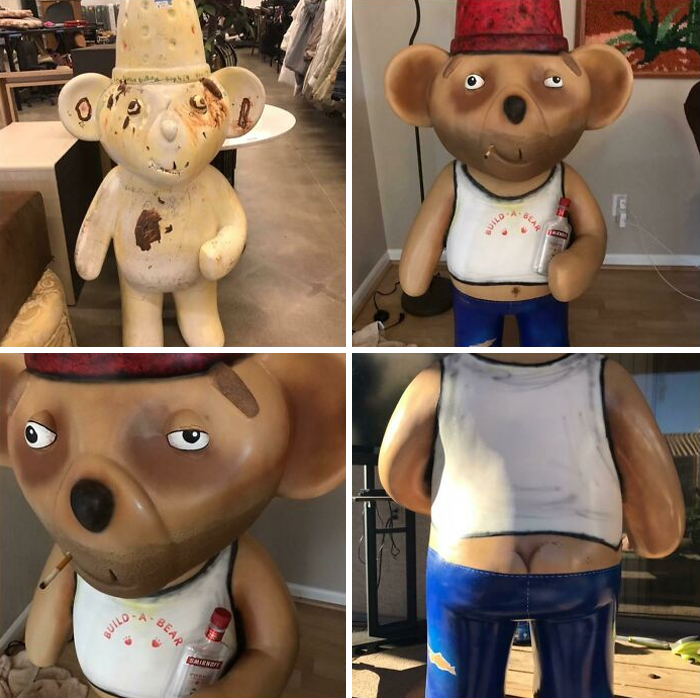 Had To Convince Myself That Buying This Bear Was Worth It. Realized It Was A “Build A Bear” Store Display. Painted It Like A Washed Up Build A Bear