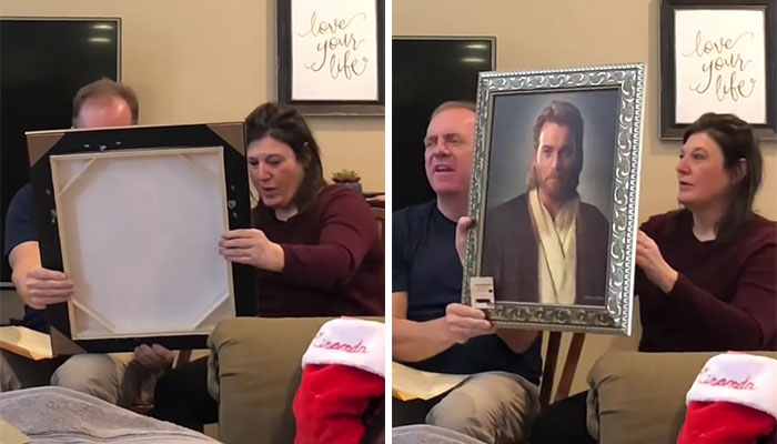 Mormon parents receive an Obi-Wan Kenobi portrait, mistaking it for Jesus Christ, reacting with surprise.