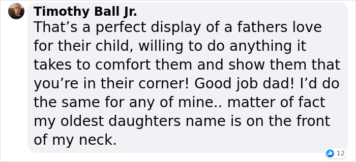 Text from Timothy praising a father's love for his child and highlighting a tattoo tribute. Text from Timothy praising a father's love for his child and highlighting a tattoo tribute.