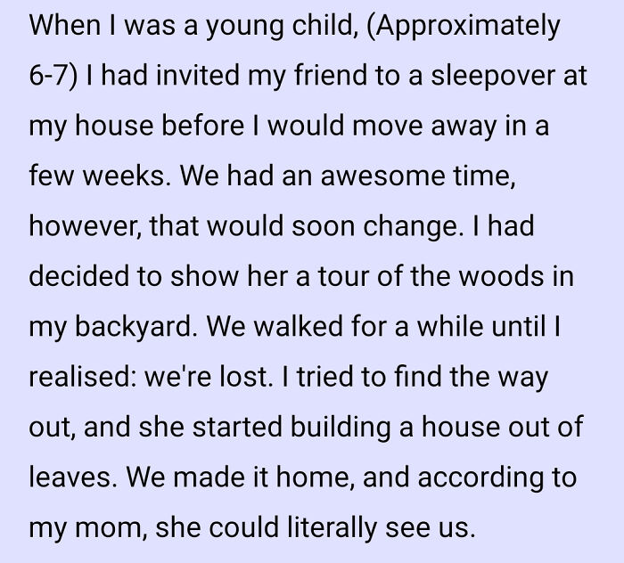 Text story about kids lost in the woods building a leaf house, illustrating kids are not born smart in a funny way.