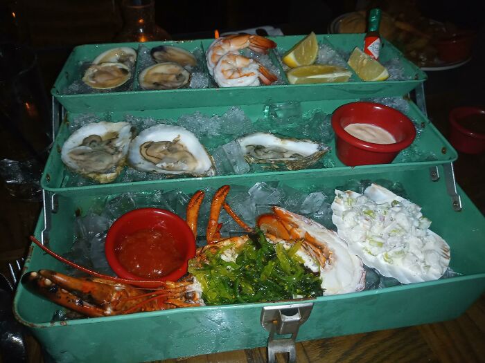 What's The Best Way To Tackle This Meal? Seafood Special Served In A Vintage Tackle Box