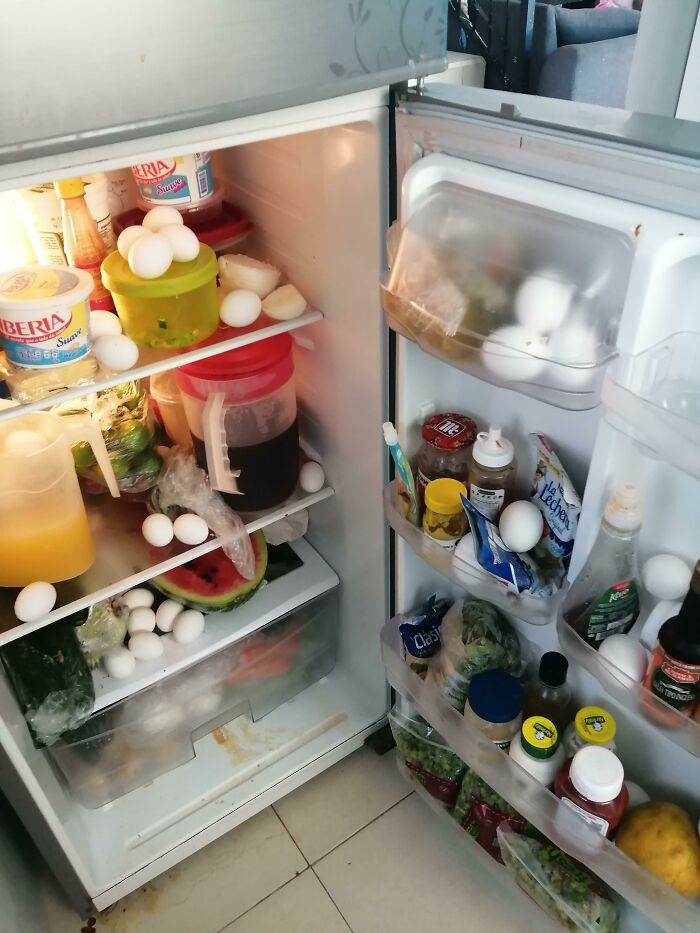Opened The Fridge To Find Out My 3-Year-Old Decided To Help Me Putting The Eggs In It