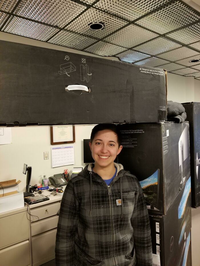 My Department (It) Just Recently Got A Bunch Of New Monitors. I Walked Into Work Today To Find A "Fort" Of Monitor Boxes Around My Desk. Turns Out, I Fit Exactly Underneath (I'm 5'0")