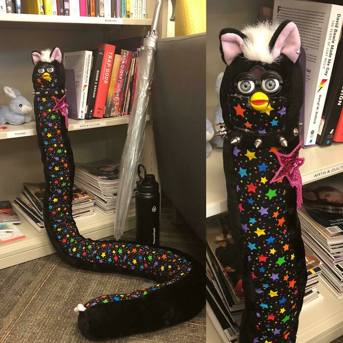 This Loooong Furby Someone At My Work Made. It Even Has A "Spine" In It So It Can Sit Up And Stare At You... Always Watching... Waiting...