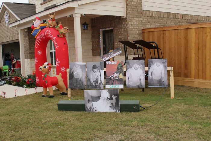 My Neighbor Got His Reindeer Decorations Stolen So They Put Out Grinch Ones Instead