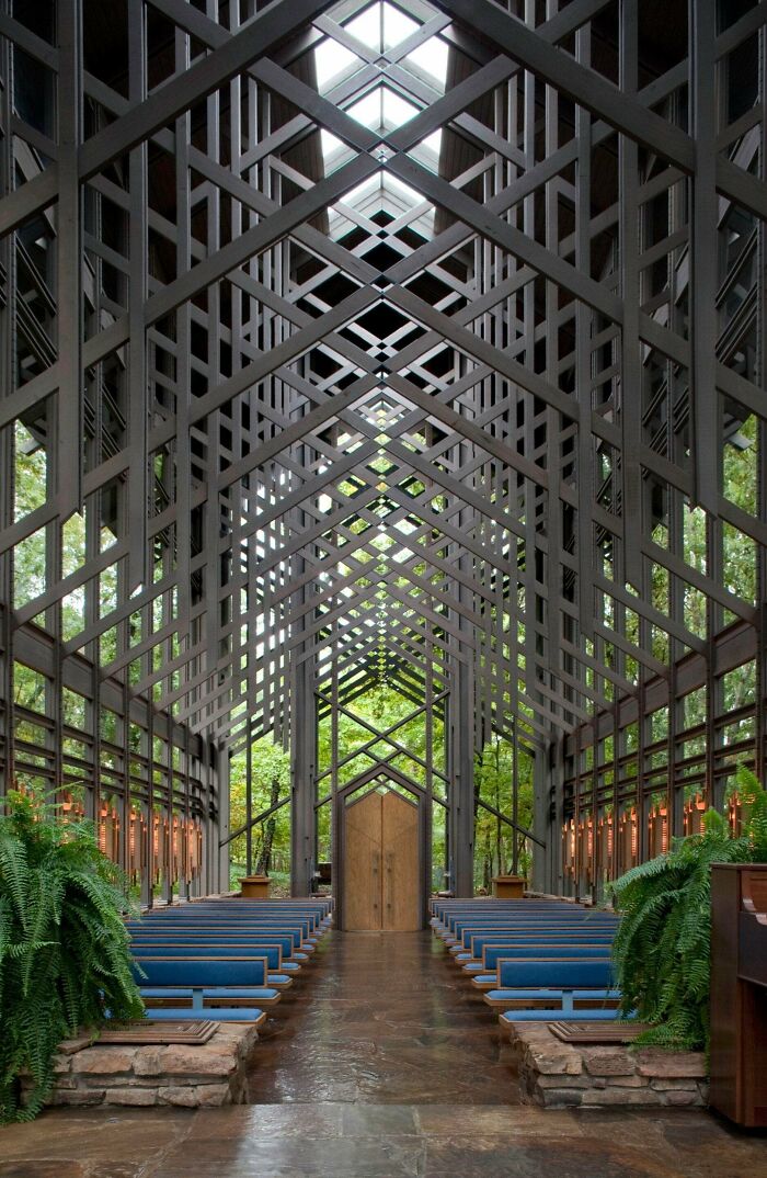 Inside The Sanctuary Of Thorncrown Chapel Located In The Ozark Mountains. It Measures 48 Feet High, 60 Feet Long And A Mere 24 Feet Wide And Has A Central Skylight