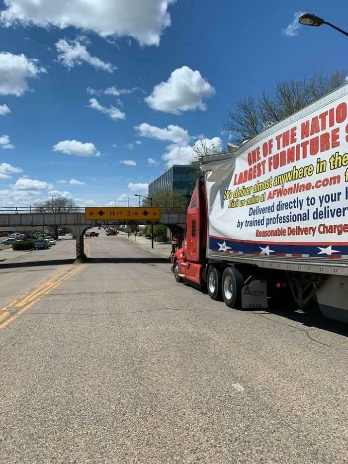 In Our State Capital, We Have An 11'3" Bridge. The Truck In Front Of Me Somehow Thought He Was Shorter Than 11 Feet. It's Impressive How Many Trucks Try