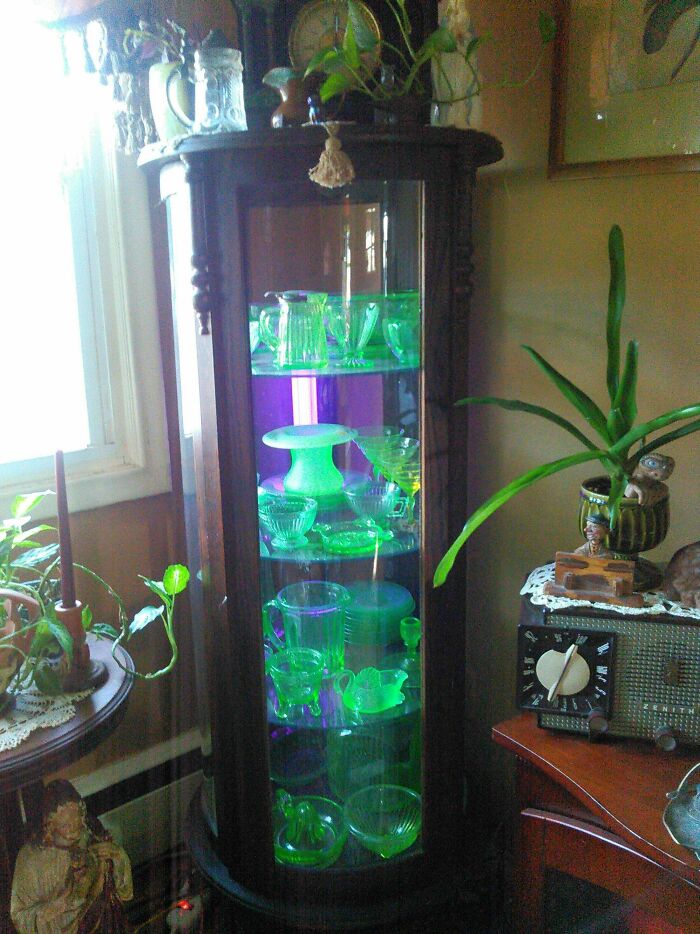 Uranium green glasses in a glass shelf