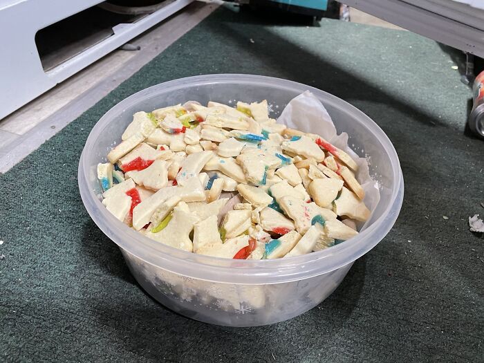 Spent Two Days Making Christmas Cookies. Put Them In The Freezer. Open The Freezer For Something Else, And The Container Slips Out And Lands Face Down